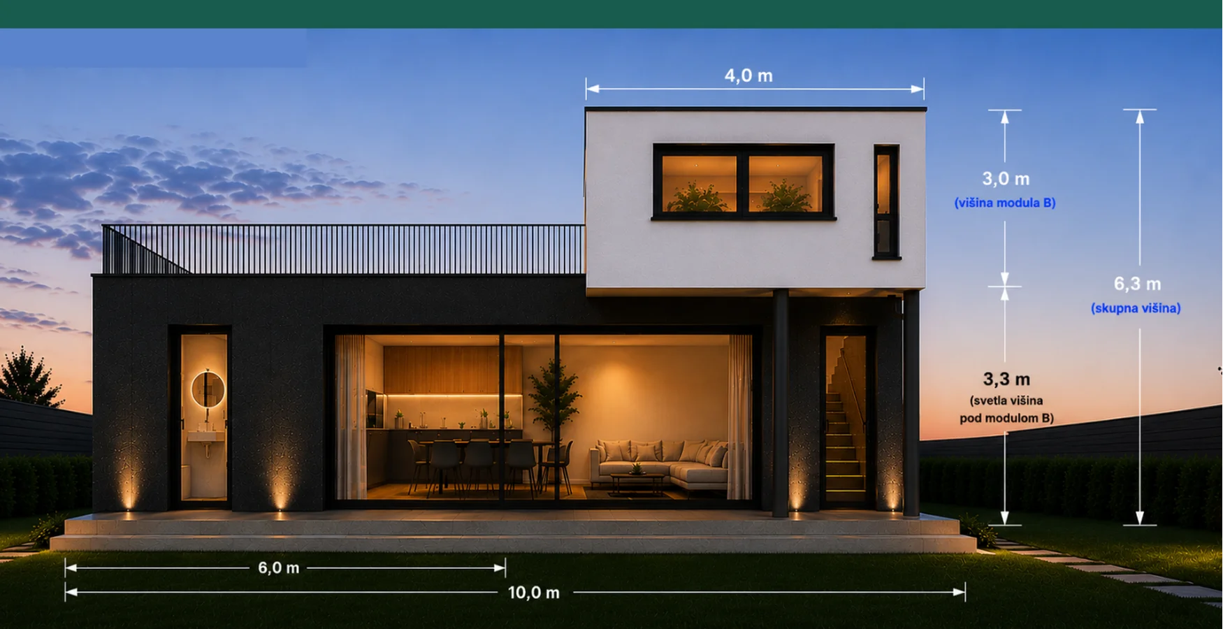 Dvonadstropna kotna modularna hi&scaron;a Cubie 56 m2